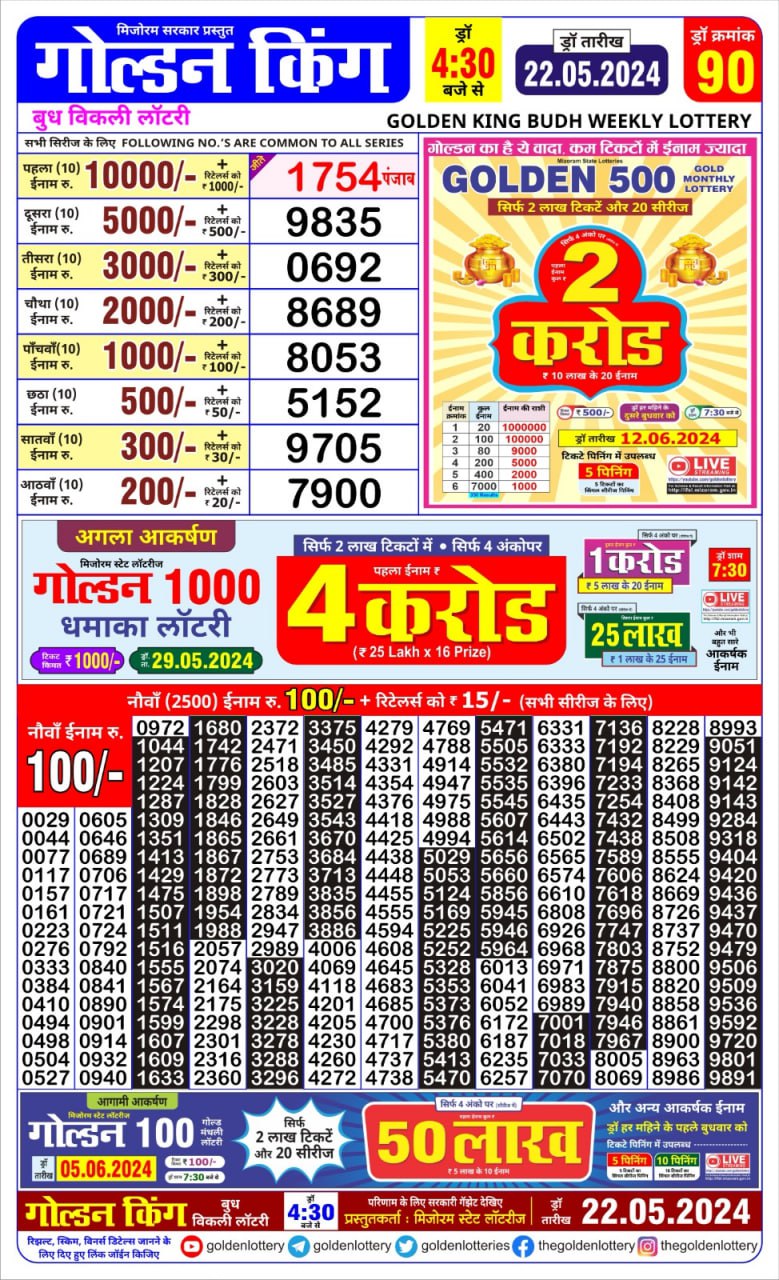 Golden king lottery 4.30pm 22-5-24