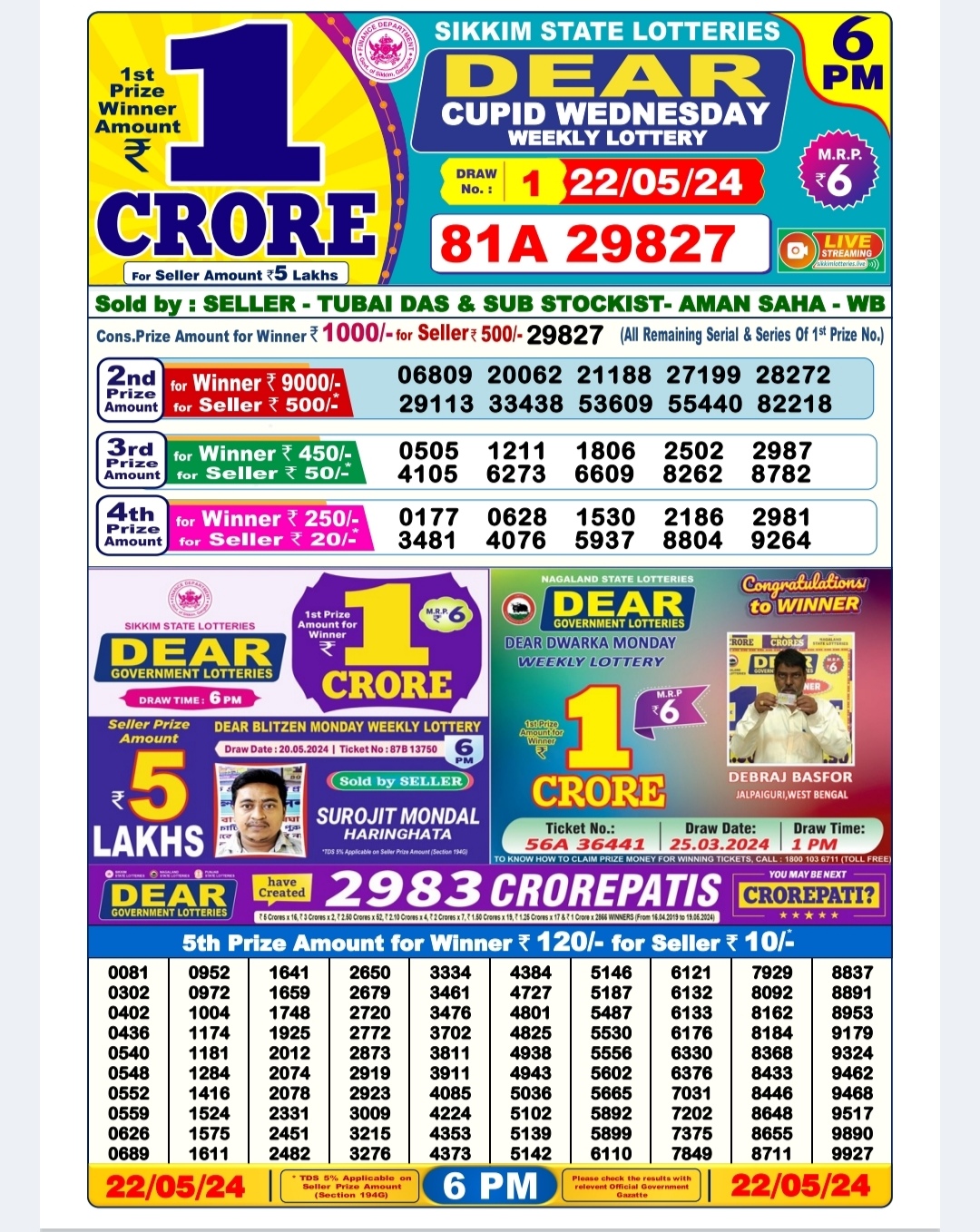 Dear lottery result 6pm result 22May 24