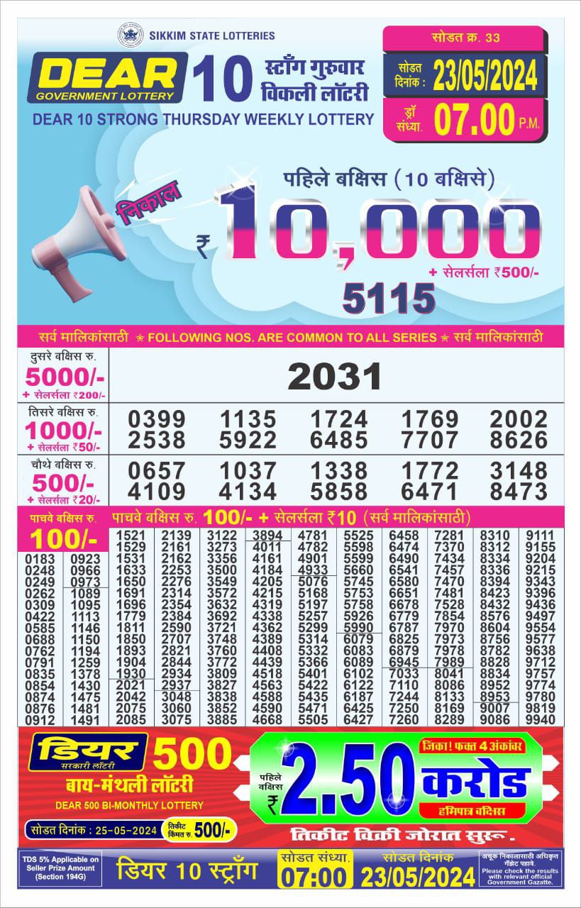 Dear10 Lottery Result 7PM 23/05/24