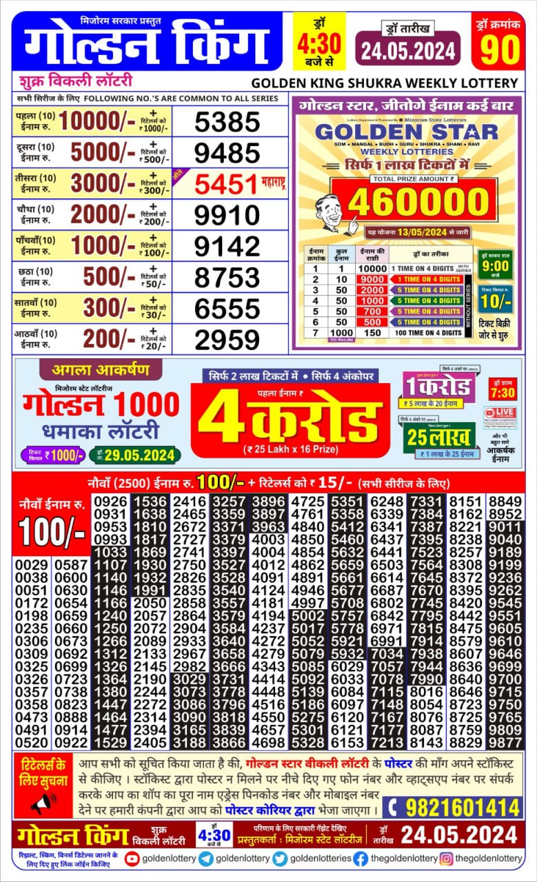 Golden king lottery 4.30pm 24-5-24