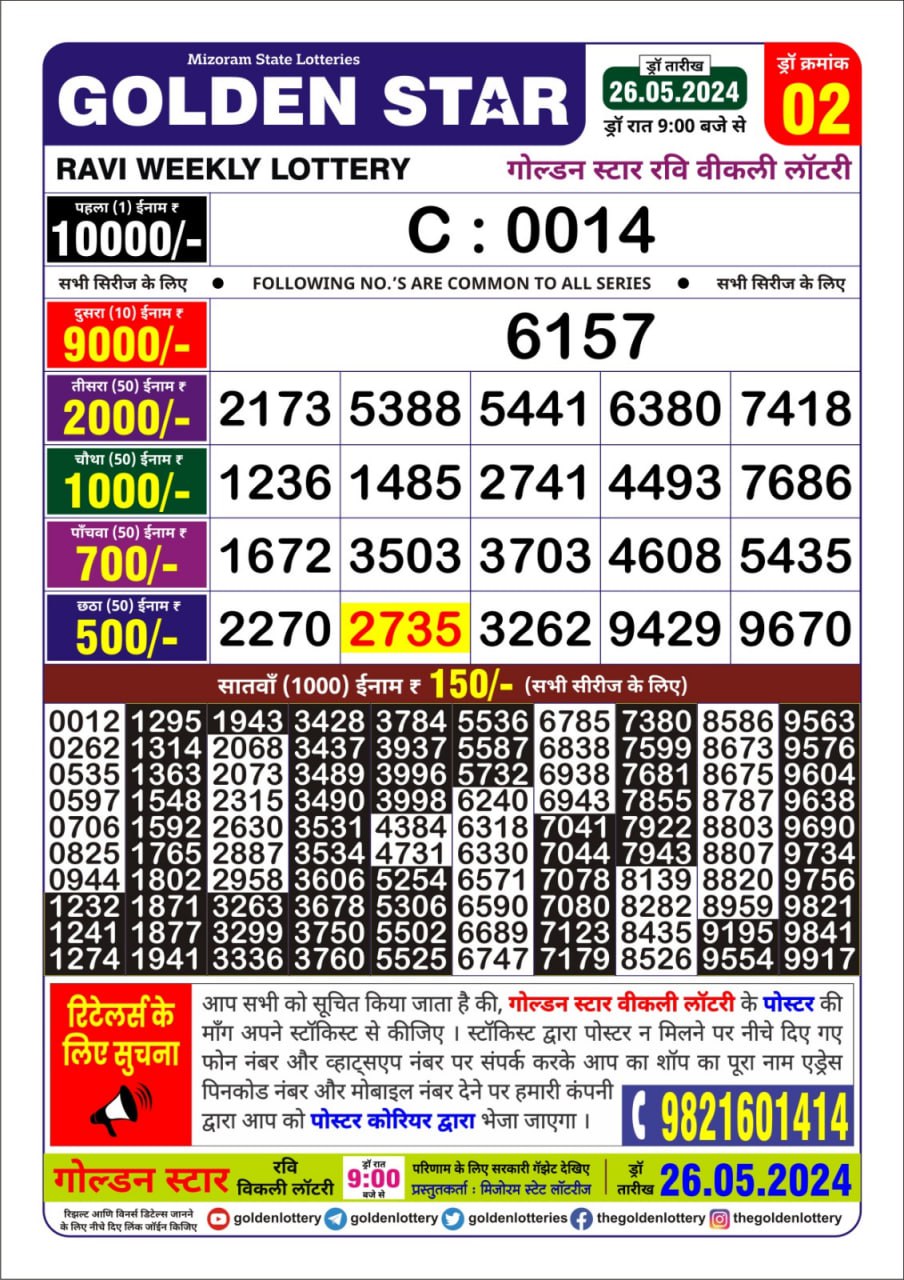 Golden Star Ravi 9pm Lottery result 26.5.24