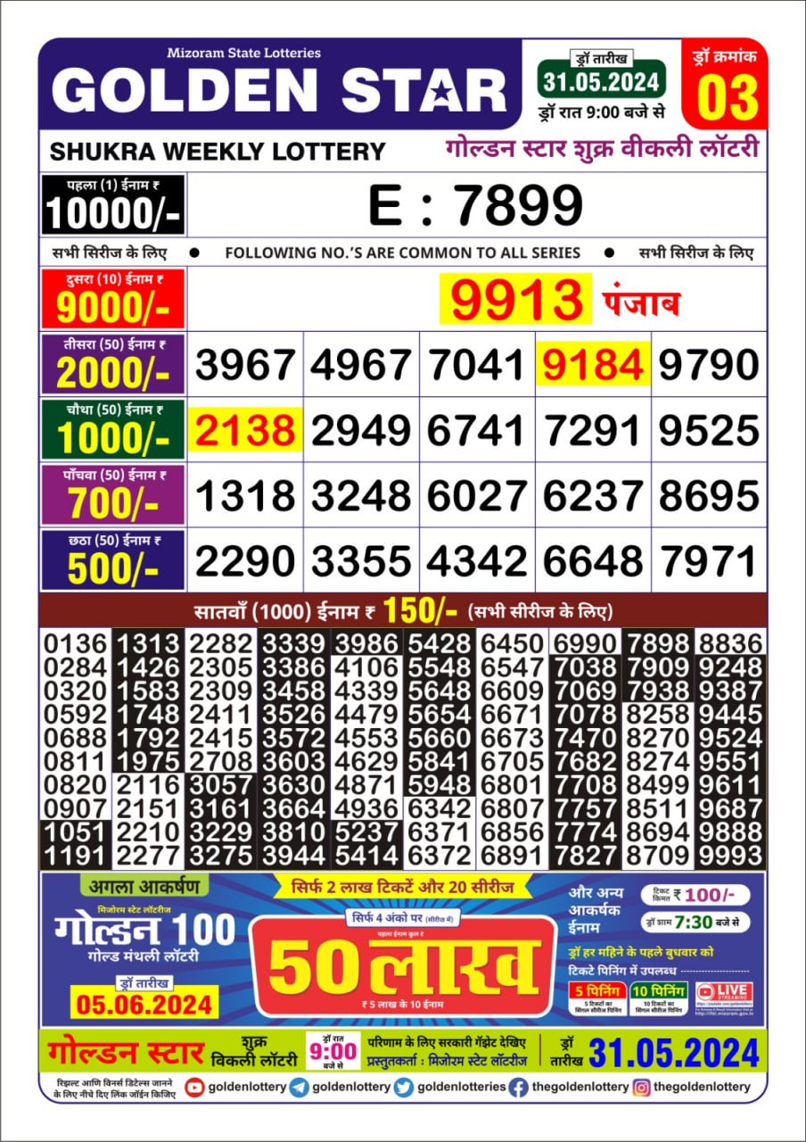 Golden Star weekly  Lottery result 31/05/24