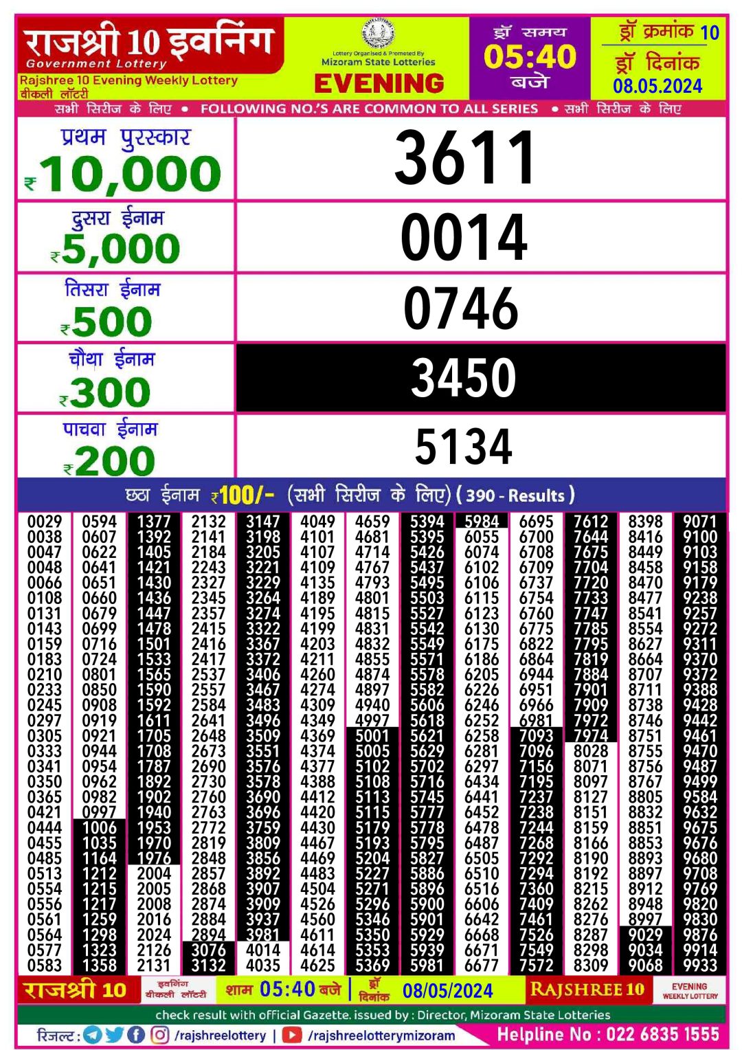 Rajshree10 Daily Lottery 5:40PM Result 8May24