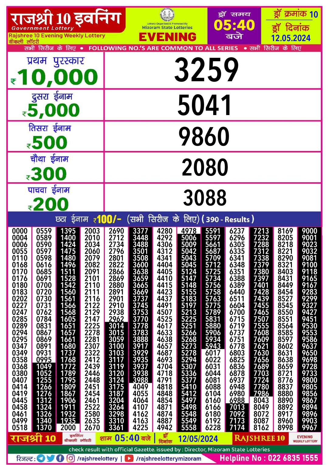 Rajshree10 Daily Lottery 5:40PM Result 12 May24