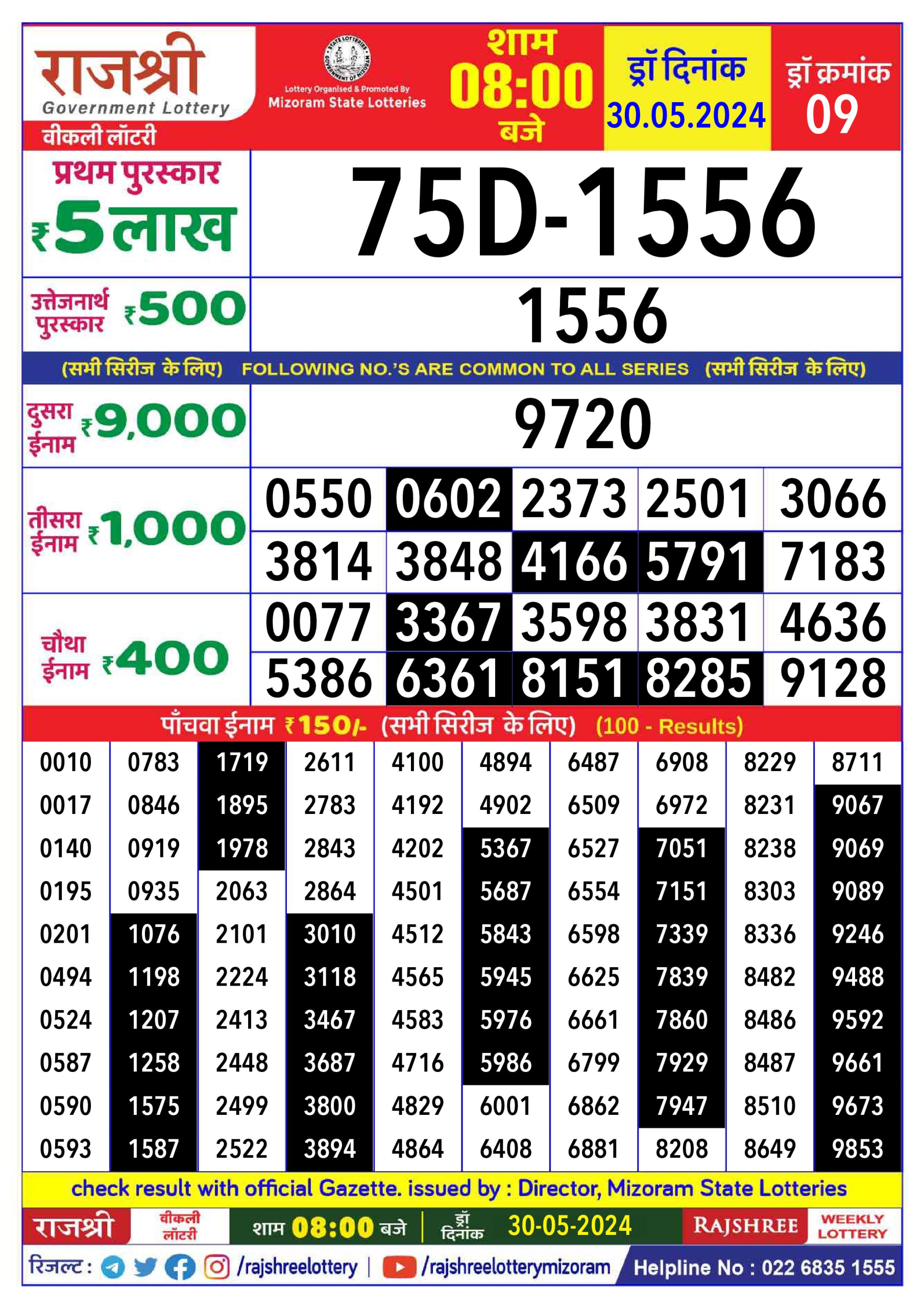 Rajshree 8pm lottery result 30/05/24