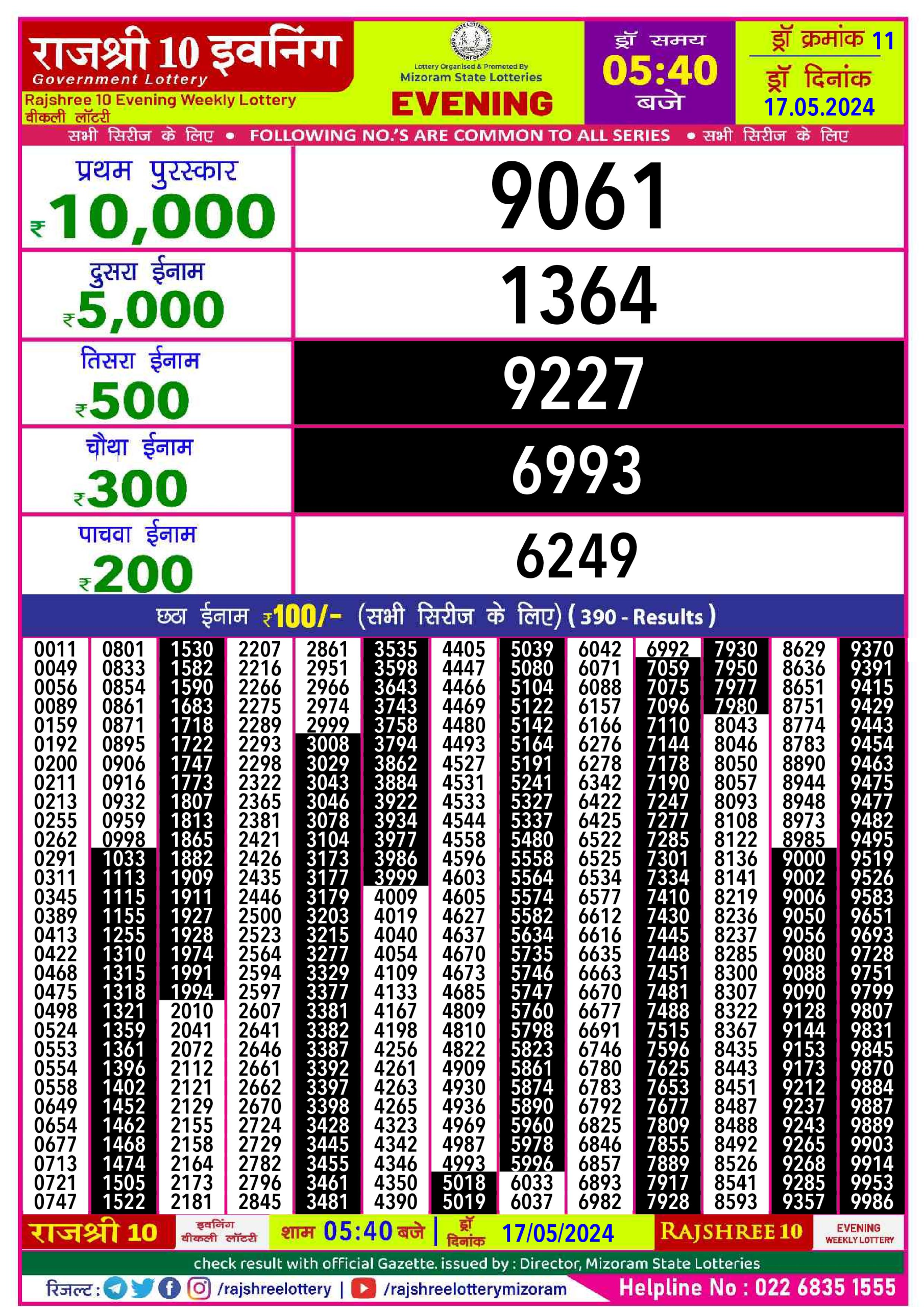 Rajshree10 Daily Lottery 5:40PM Result 17  May24