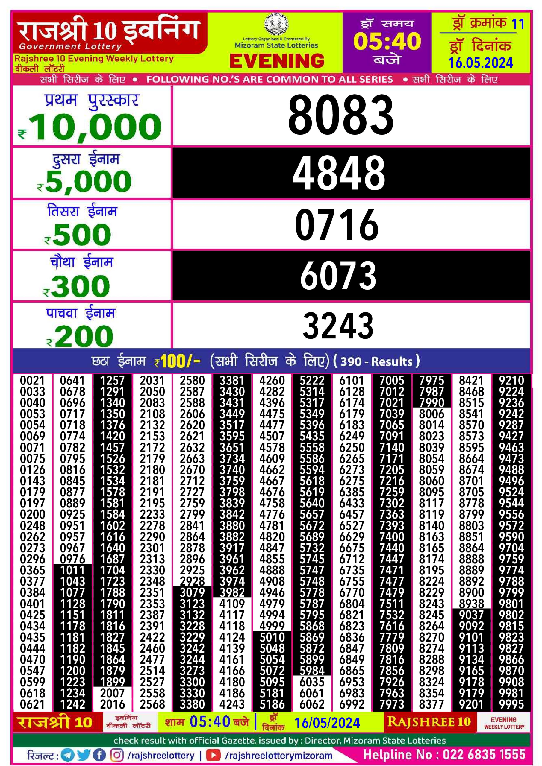 Rajshree10 Daily Lottery 5:40PM Result 16  May24