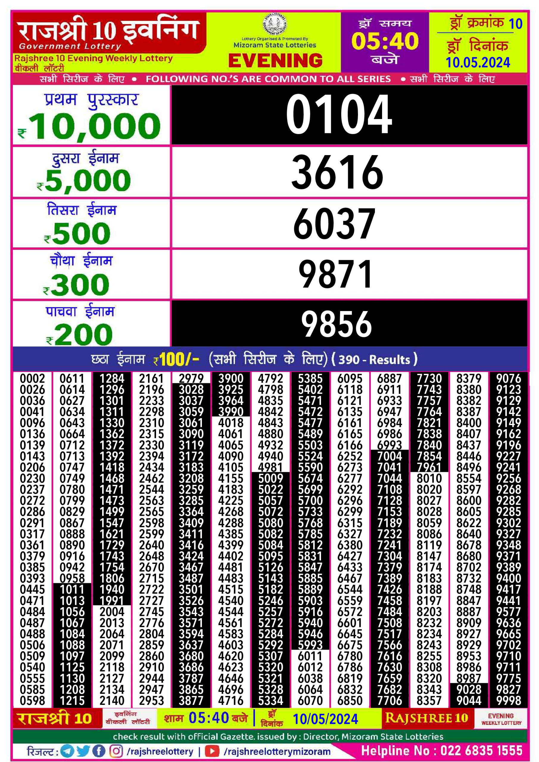 Rajshree10 Daily Lottery 5:40PM Result 10May24