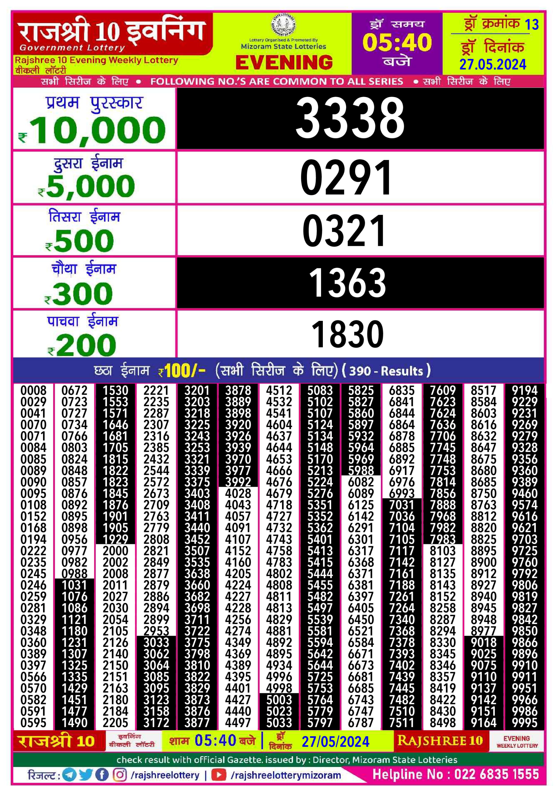 Rajshree10 Daily Lottery 5:40PM Result 27May24