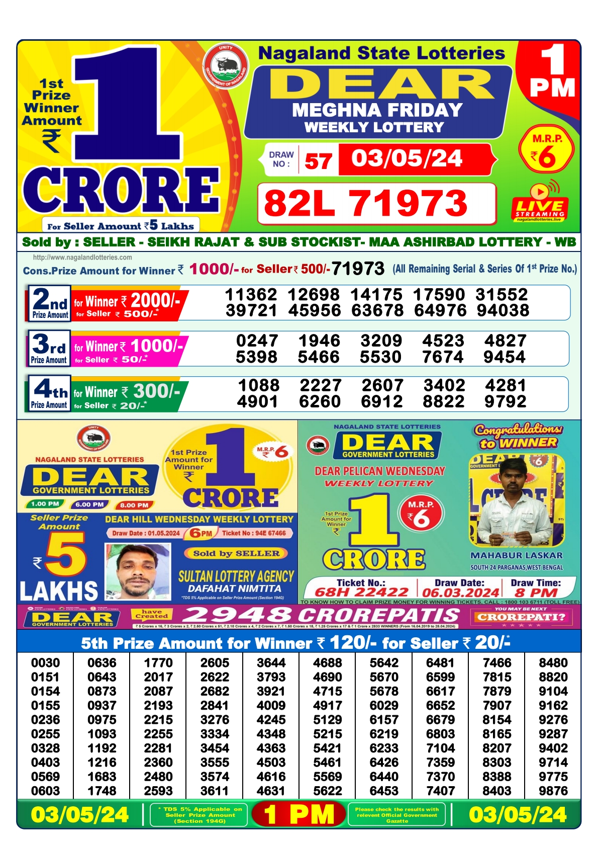 Dear Daily Lottery 1PM Result 3 May  24