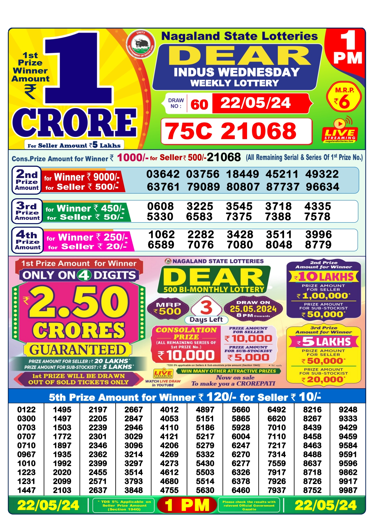 Dear daily Lottery 1pm result 22-05-24