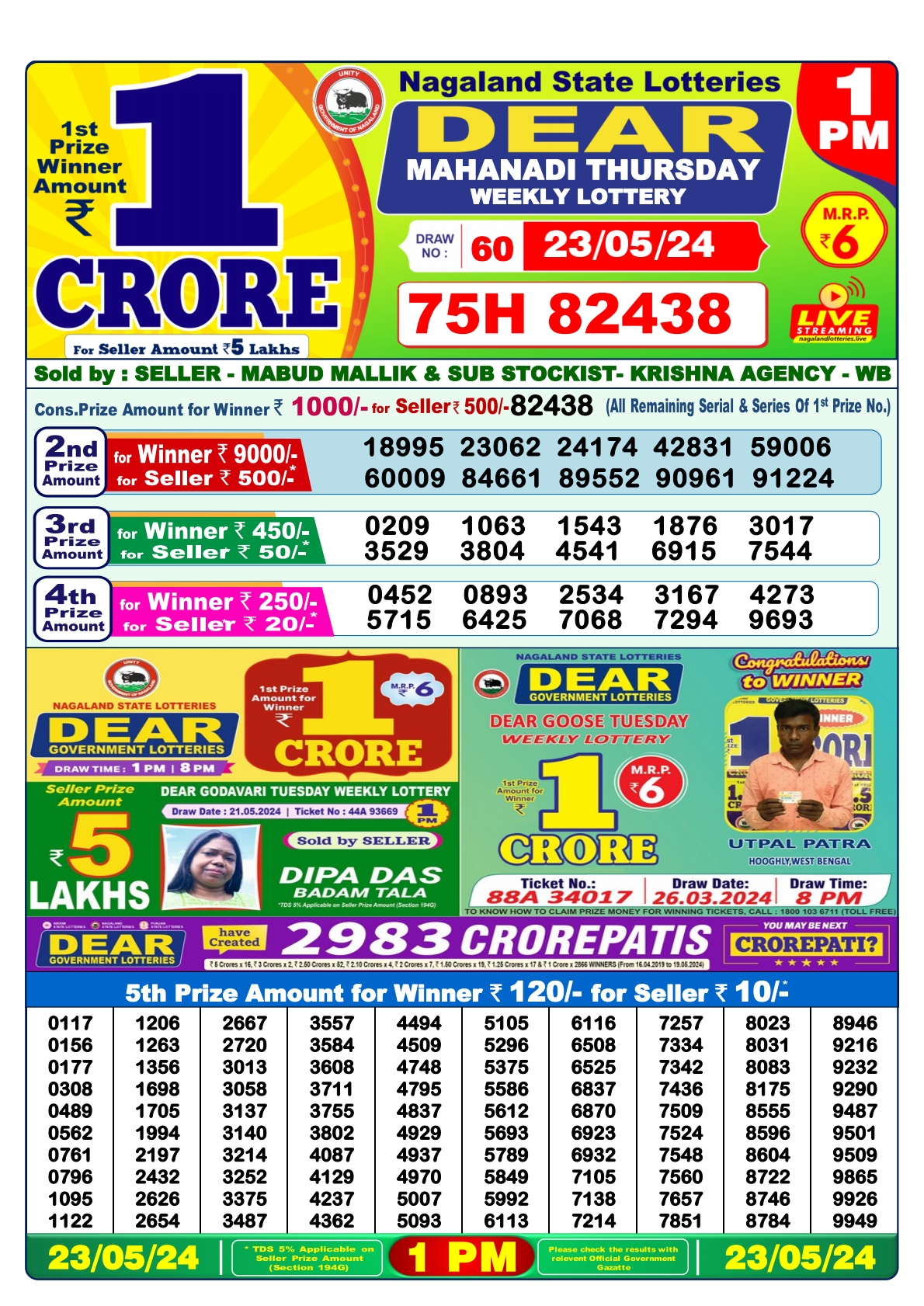 Dear daily Lottery 1pm result 23-05-24