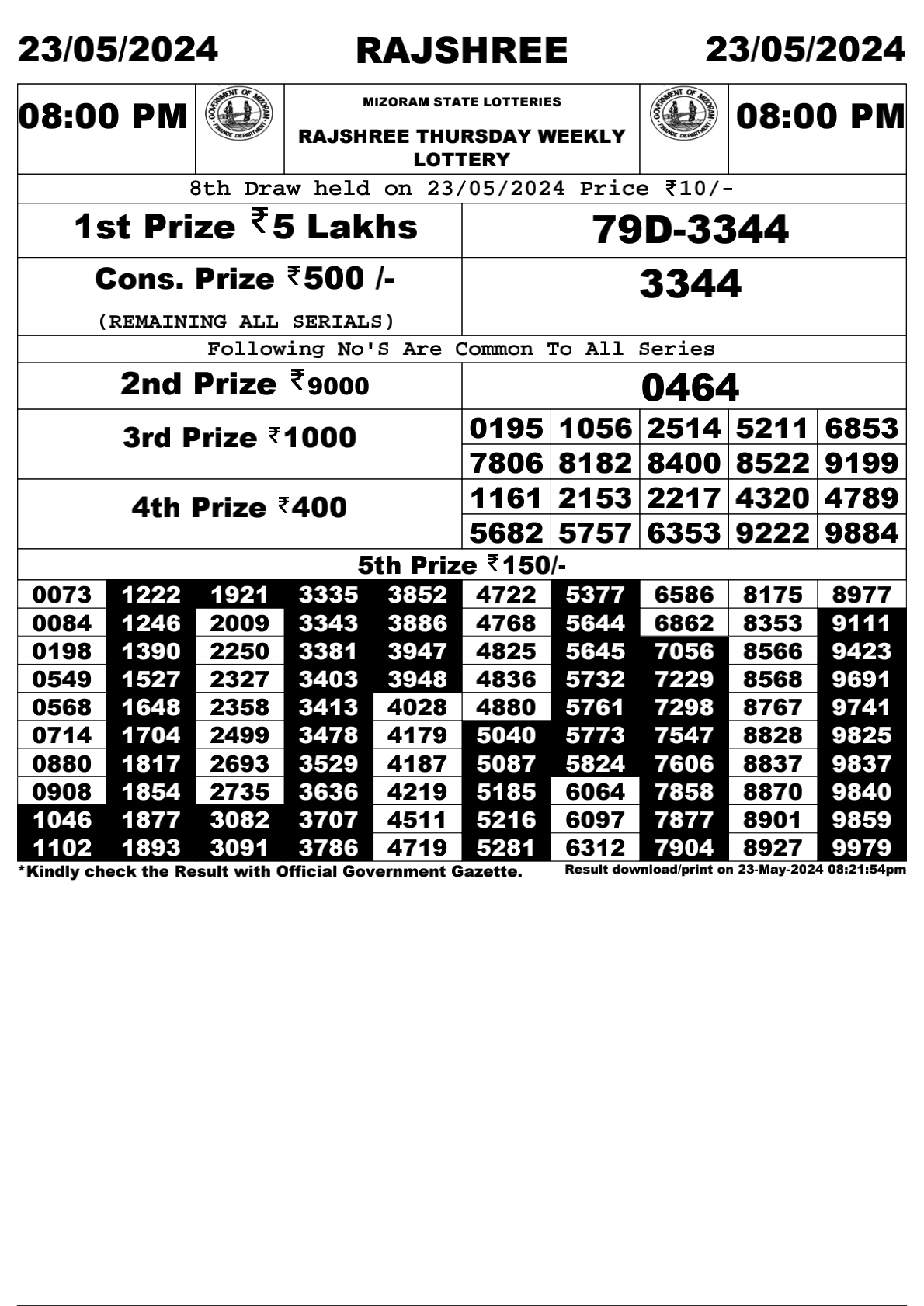 Rajshree 8pm lottery result 23/05/24