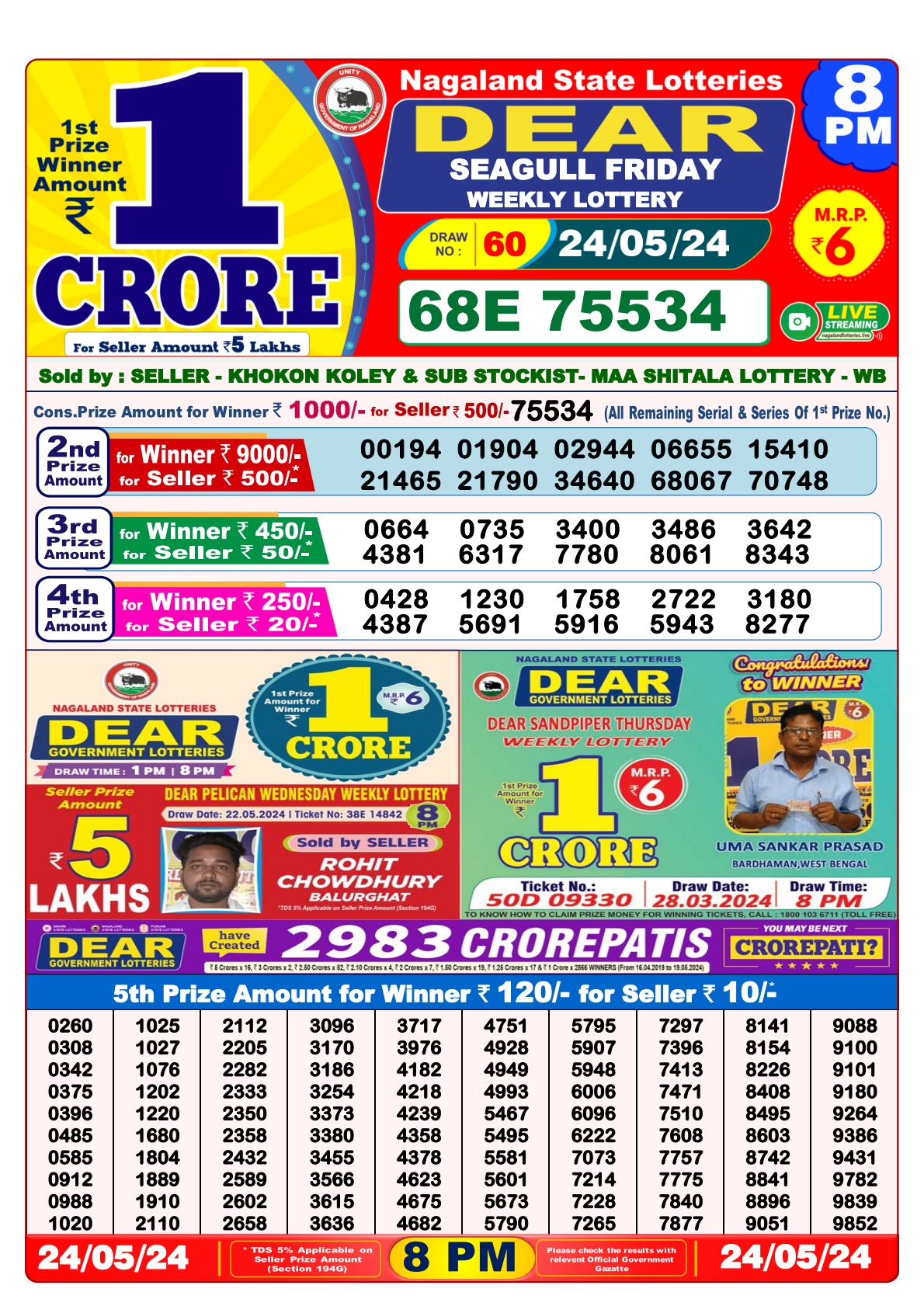 Dear lottery result 8pm result 24 May 24