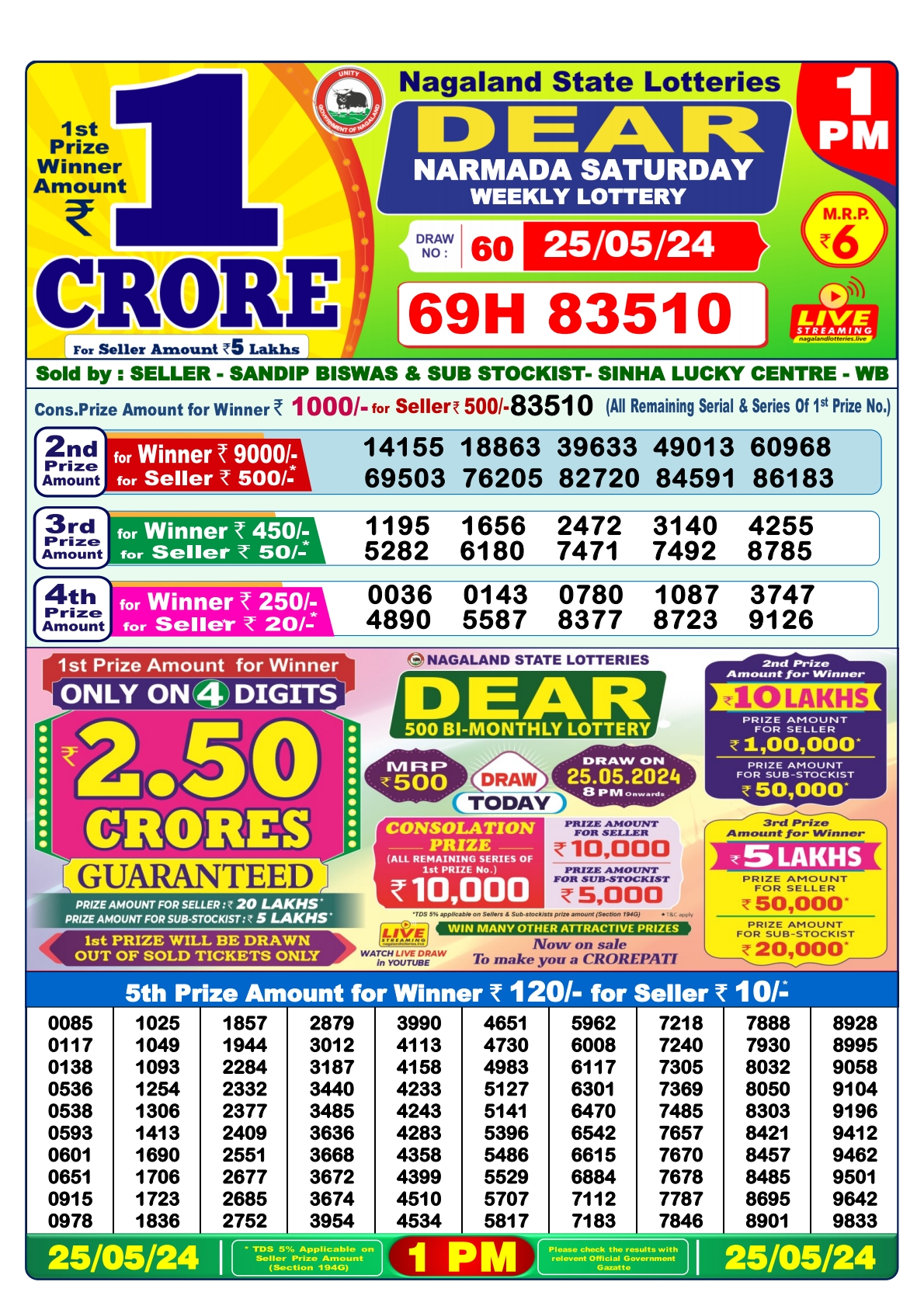 Dear daily Lottery 1pm result 25-05-24