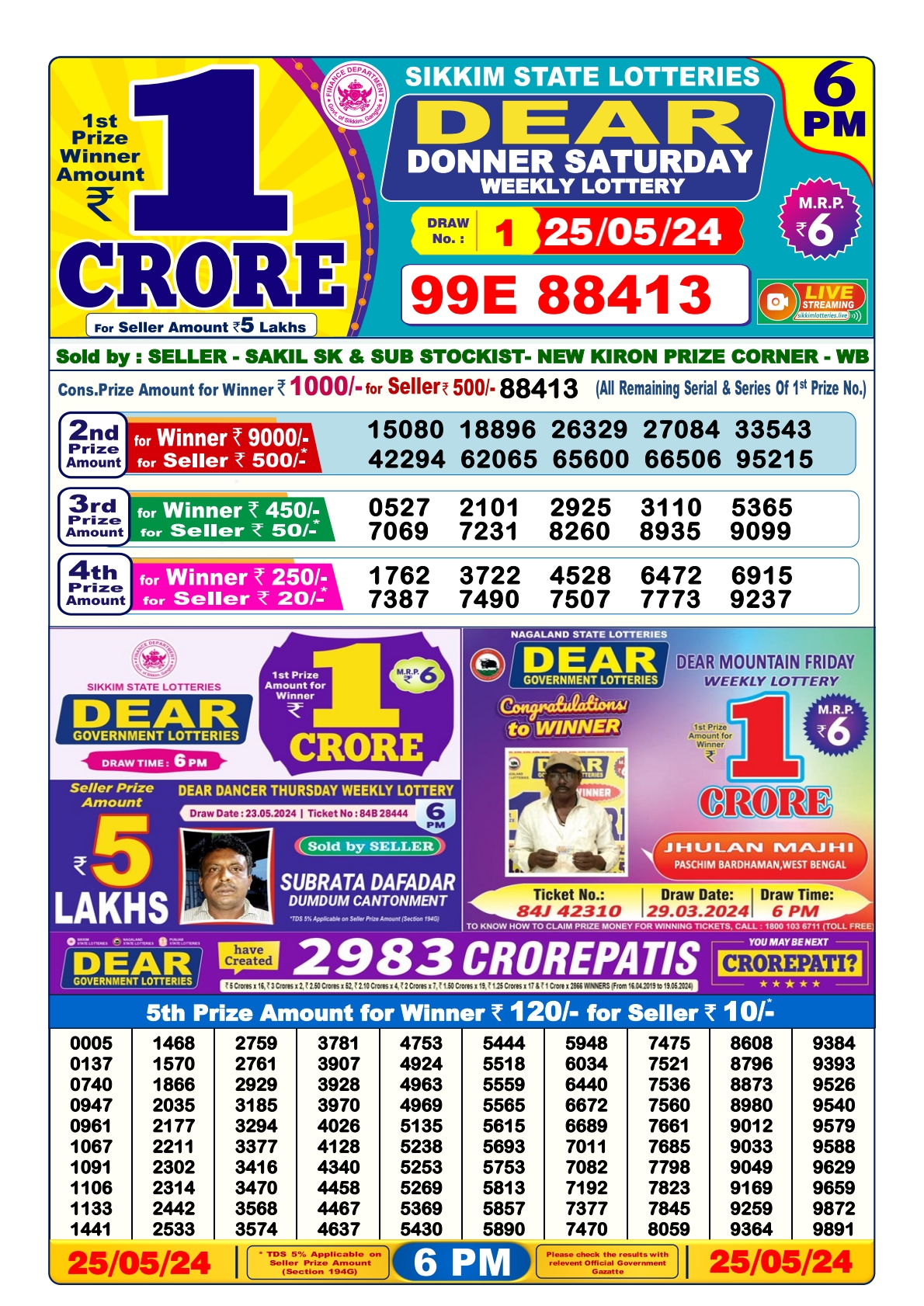 Dear lottery result 6pm result 25May 24