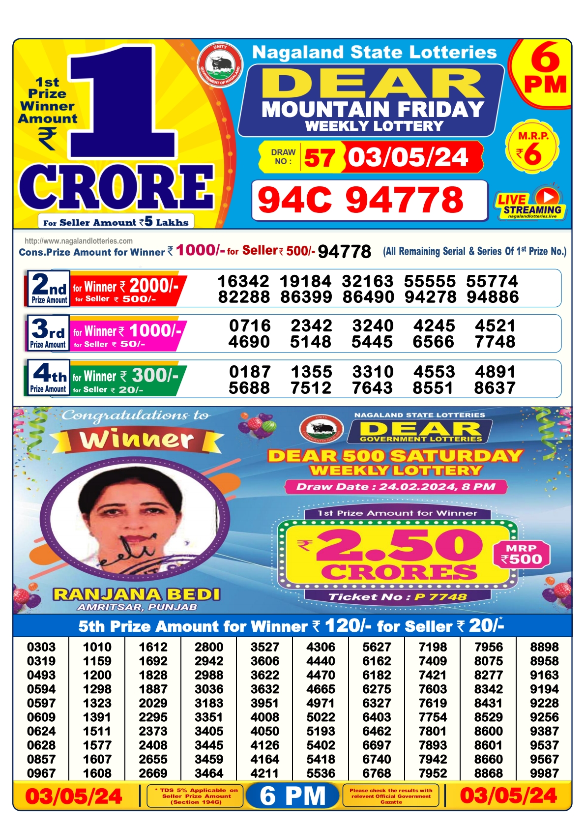 Dear lottery result 6pm result 3 May 24