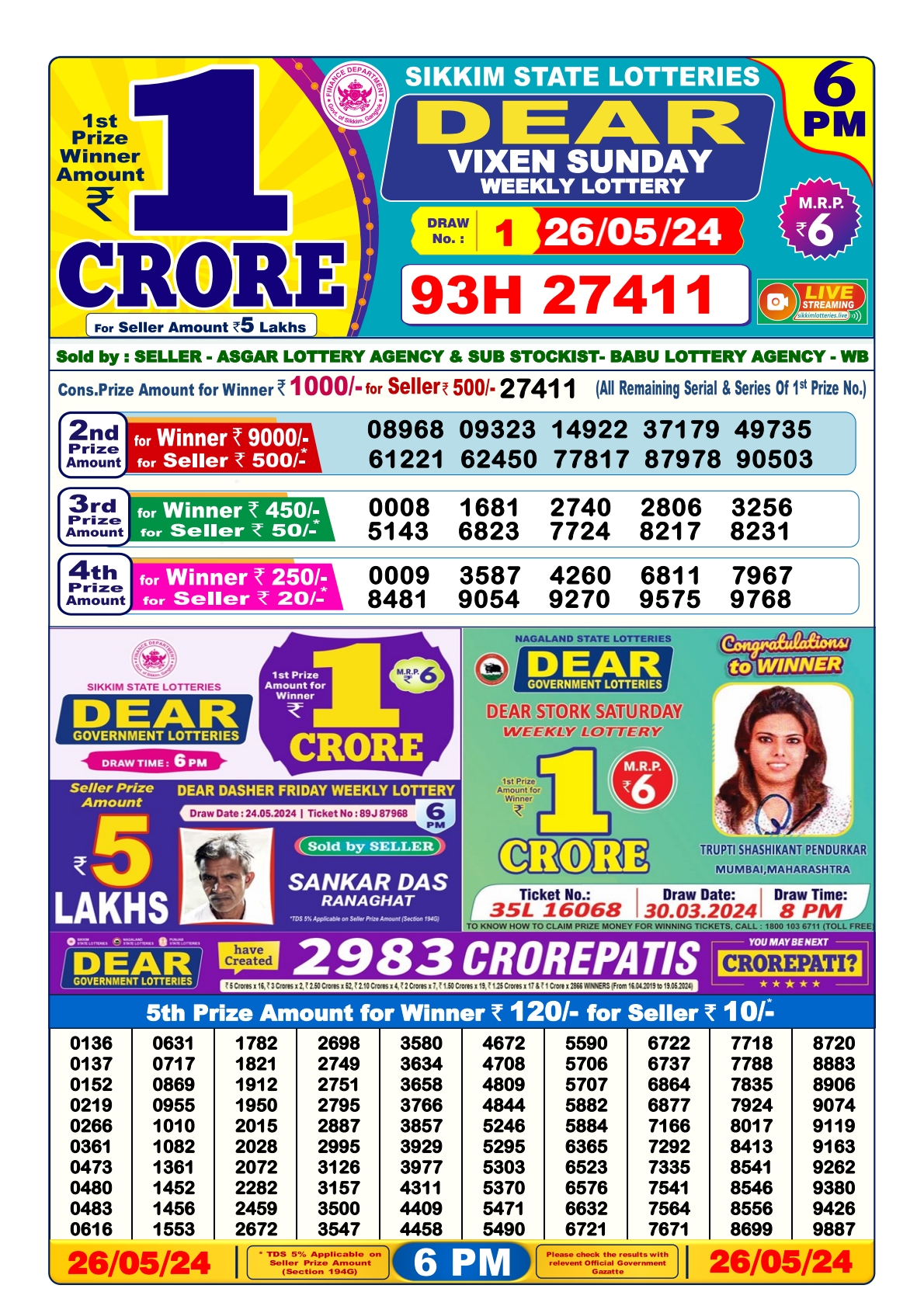 Dear lottery result 6pm result 26May 24