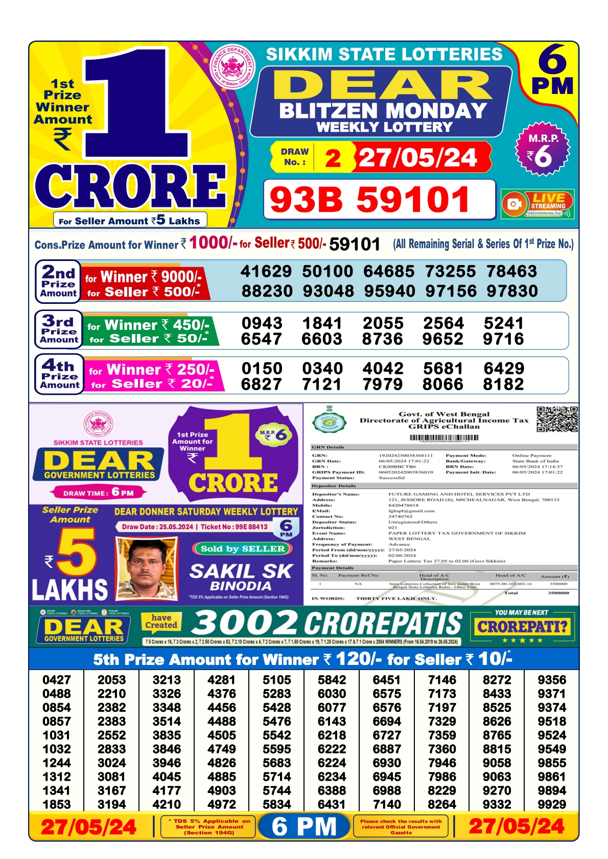 Dear lottery result 6pm result 27May 24