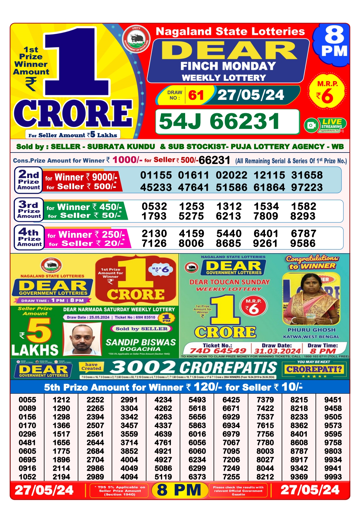 Dear lottery result 8pm result 27 May 24