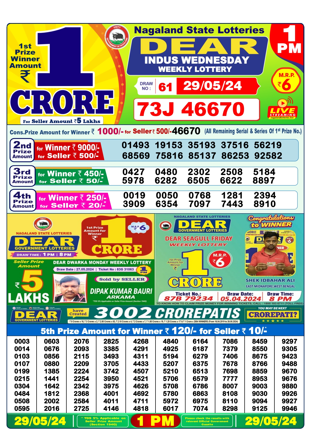 Dear daily Lottery 1pm result 29-05-24