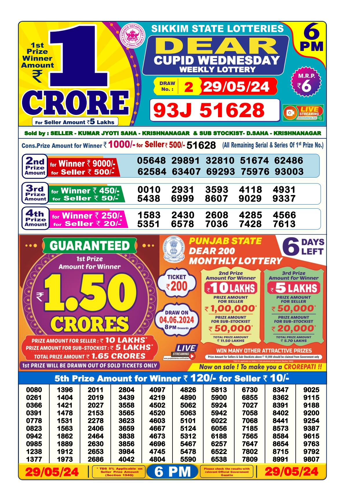 Dear lottery result 6pm result 29May 24