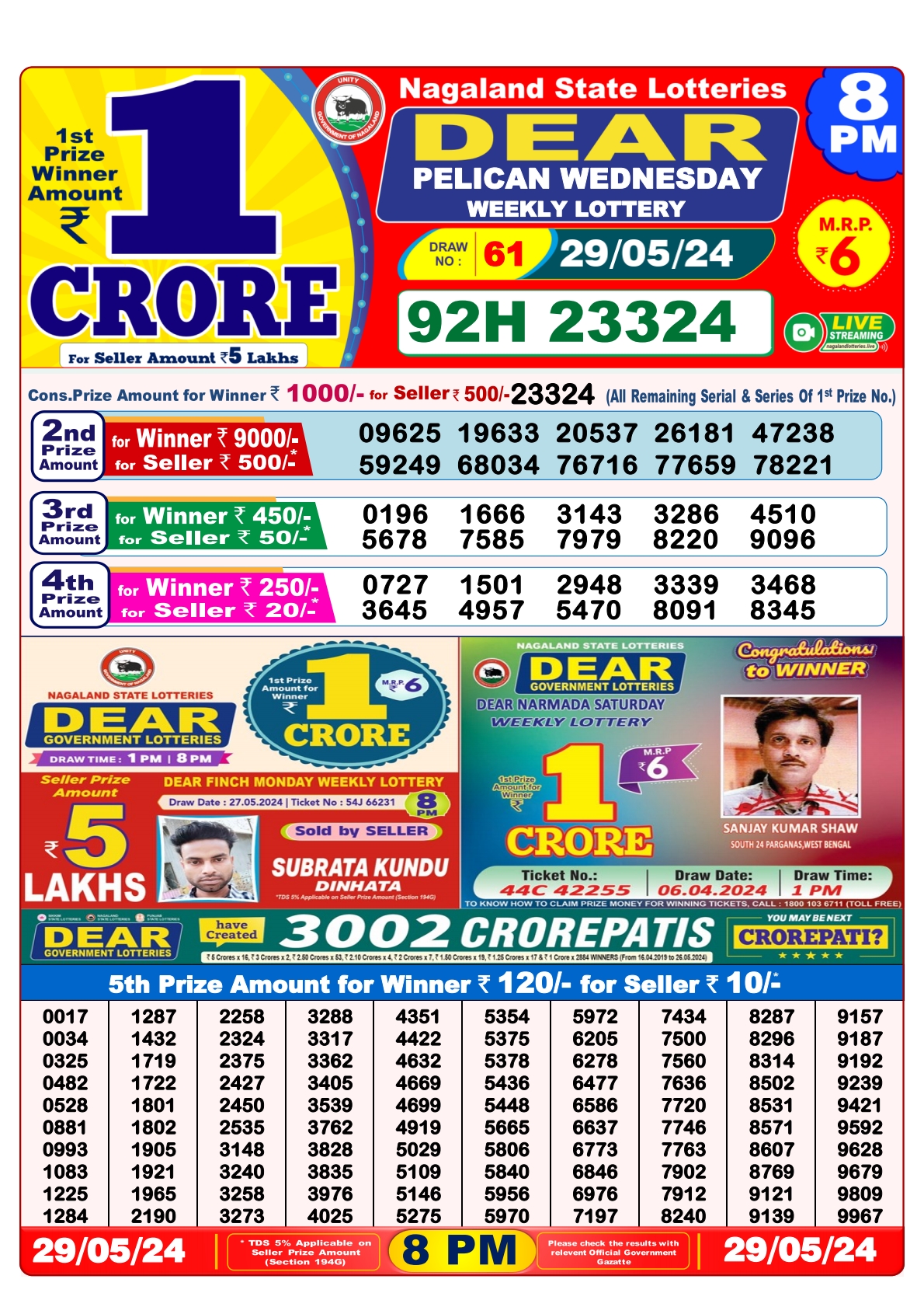 Dear lottery result 8pm result 29May 24