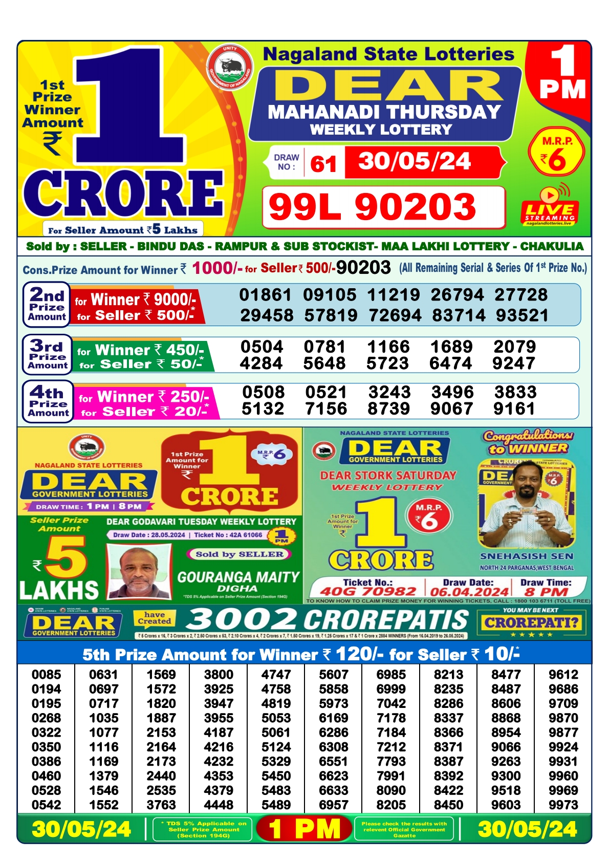 Dear daily Lottery 1pm result 30-05-24