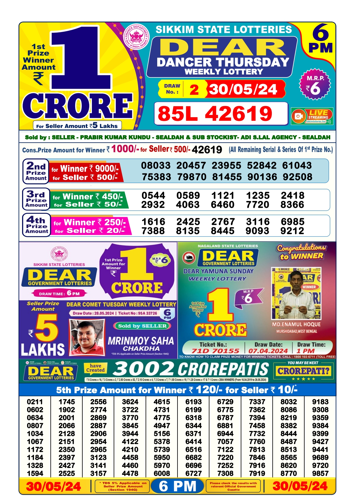 Dear lottery result 6pm result 30May 24