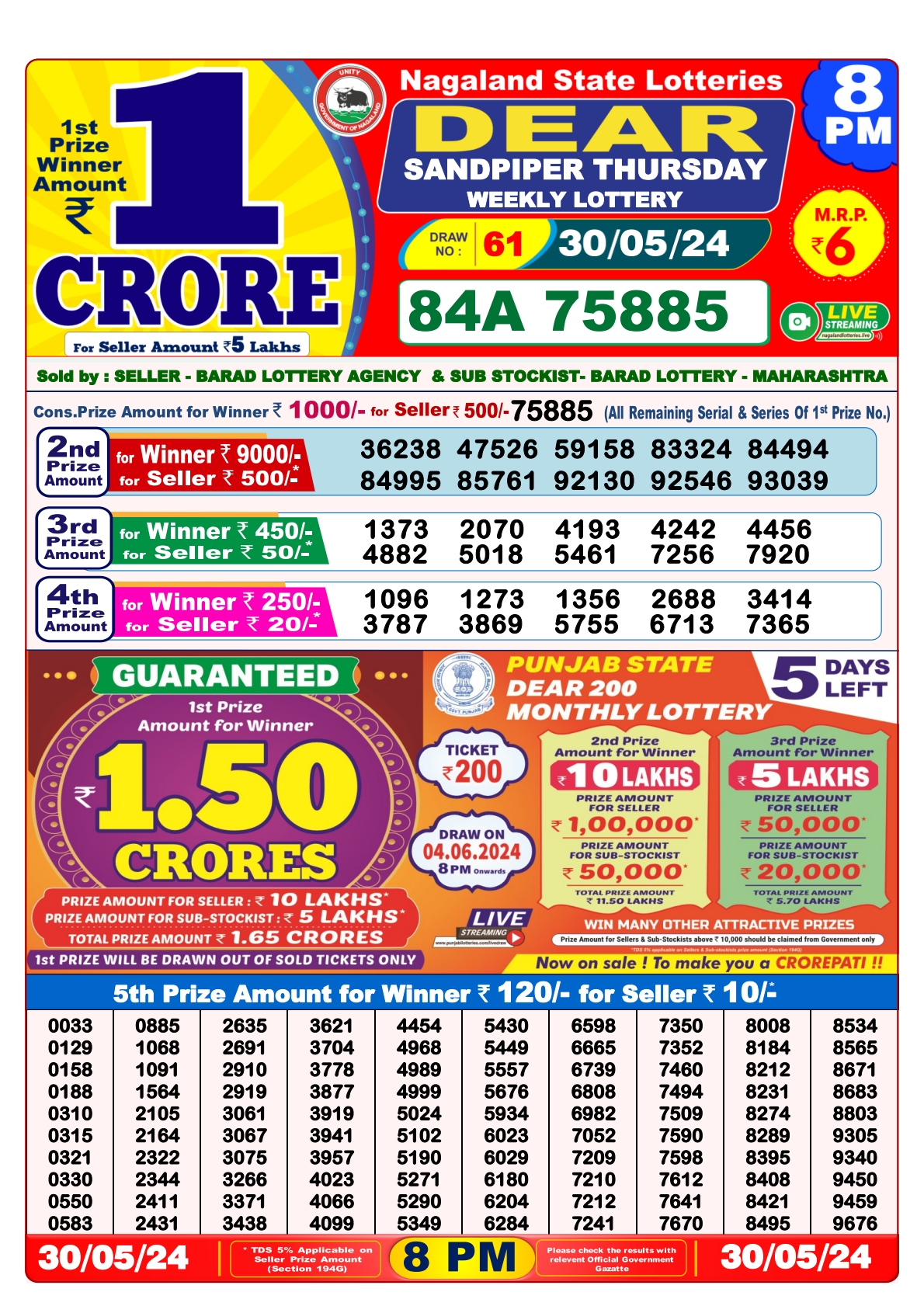 Dear lottery result 8pm result 30May 24