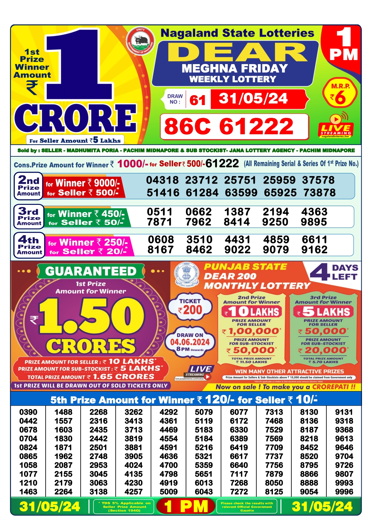 Dear daily Lottery 1pm result 31-05-24