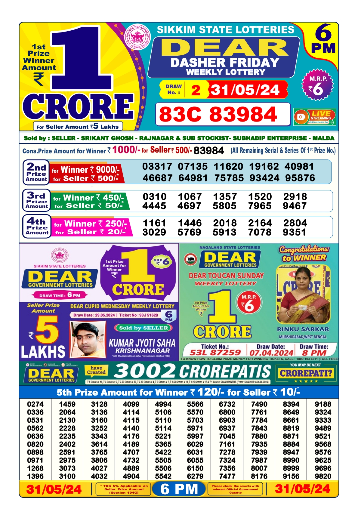 Dear lottery result 6pm result 31May 24