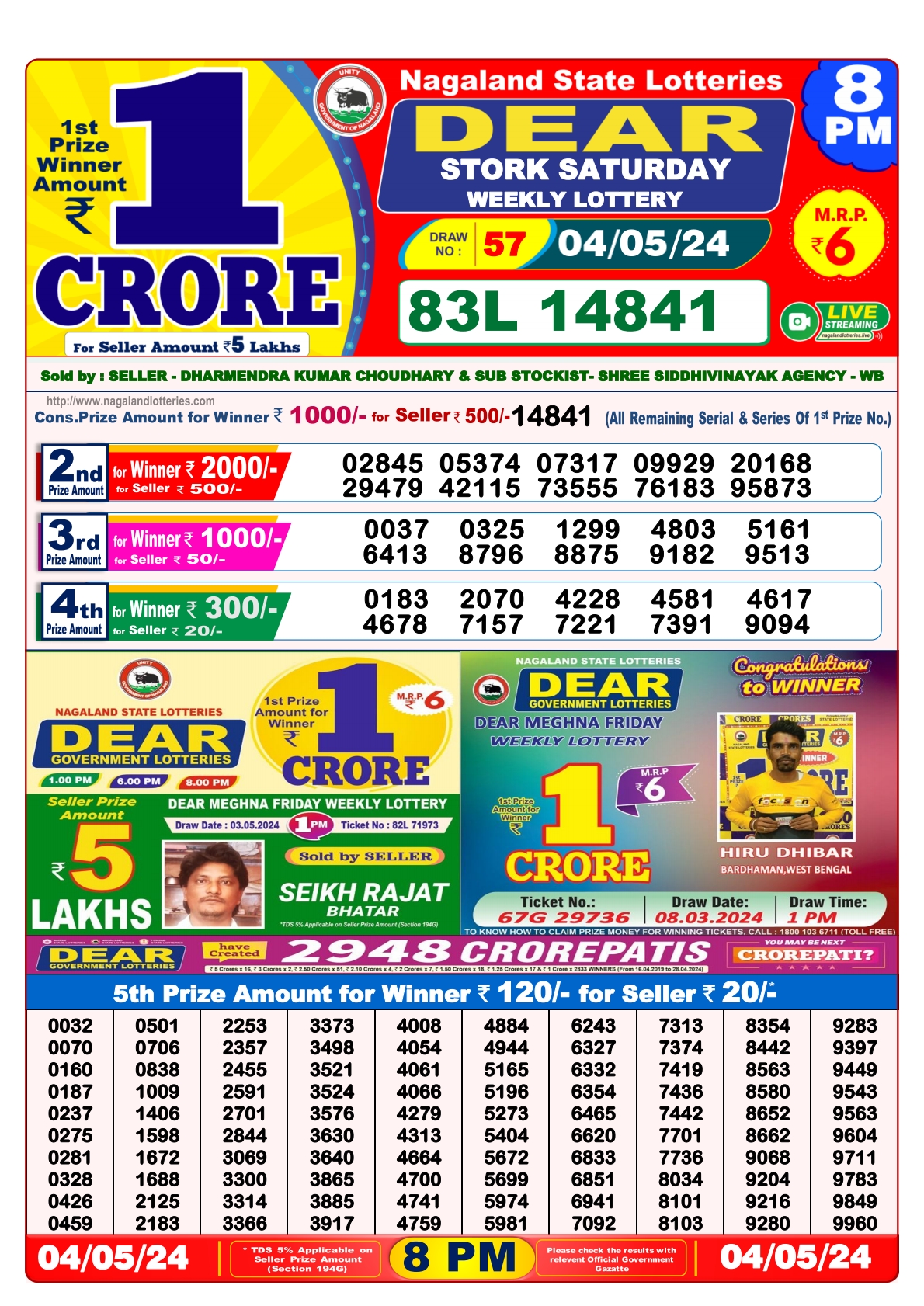 Dear Daily Lottery 8PM Result 4May 24