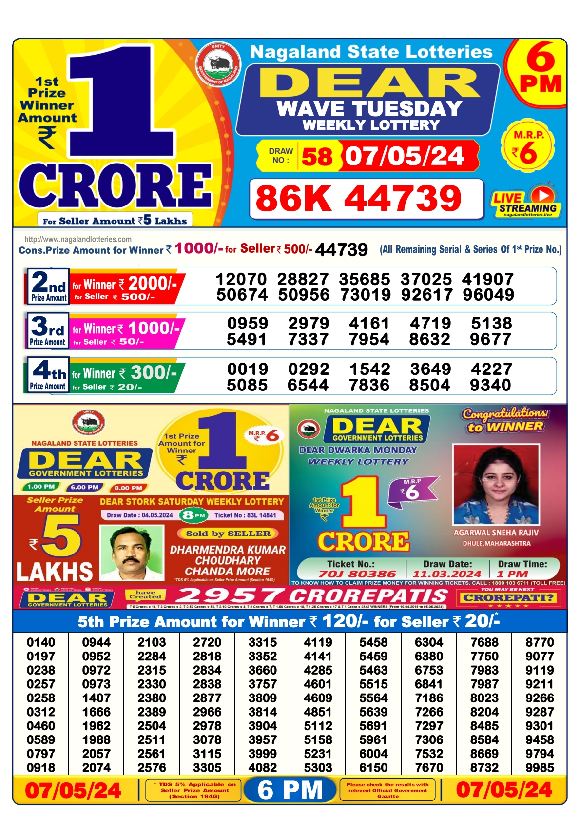 Dear lottery result 6pm result 7 May 24