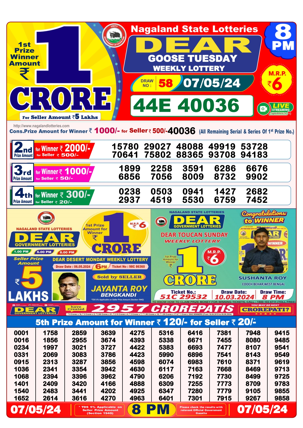 Dear Daily Lottery 8PM Result 7May 24