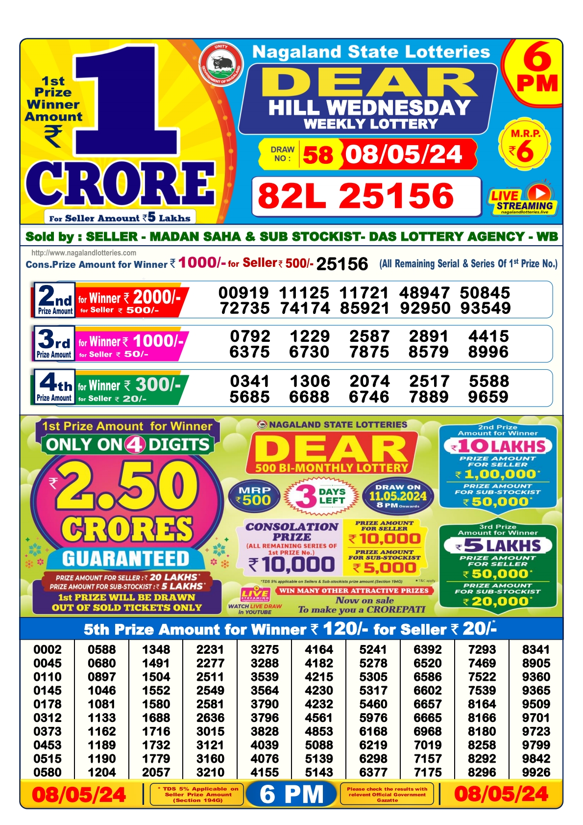 Dear lottery result 6pm result 8 May 24