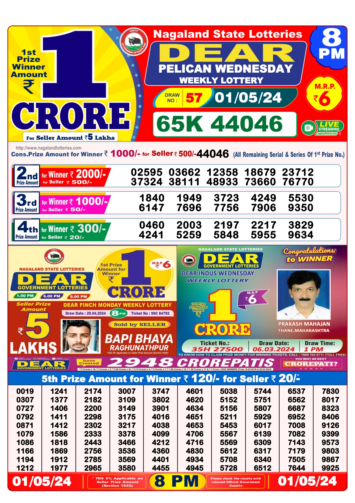 Dear Daily Lottery 8PM Result 1 May 24