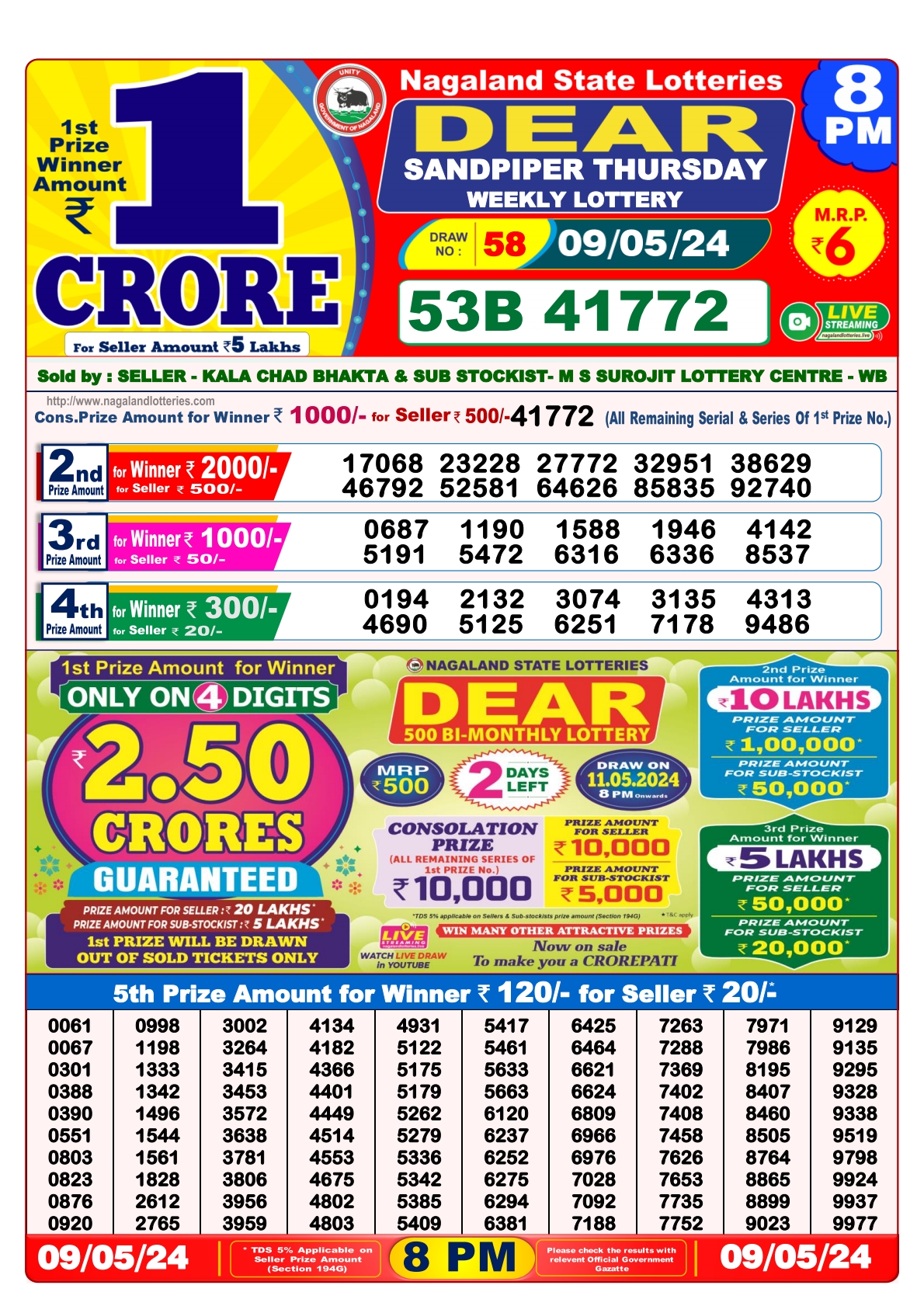 Dear Daily Lottery 8PM Result 9May 24