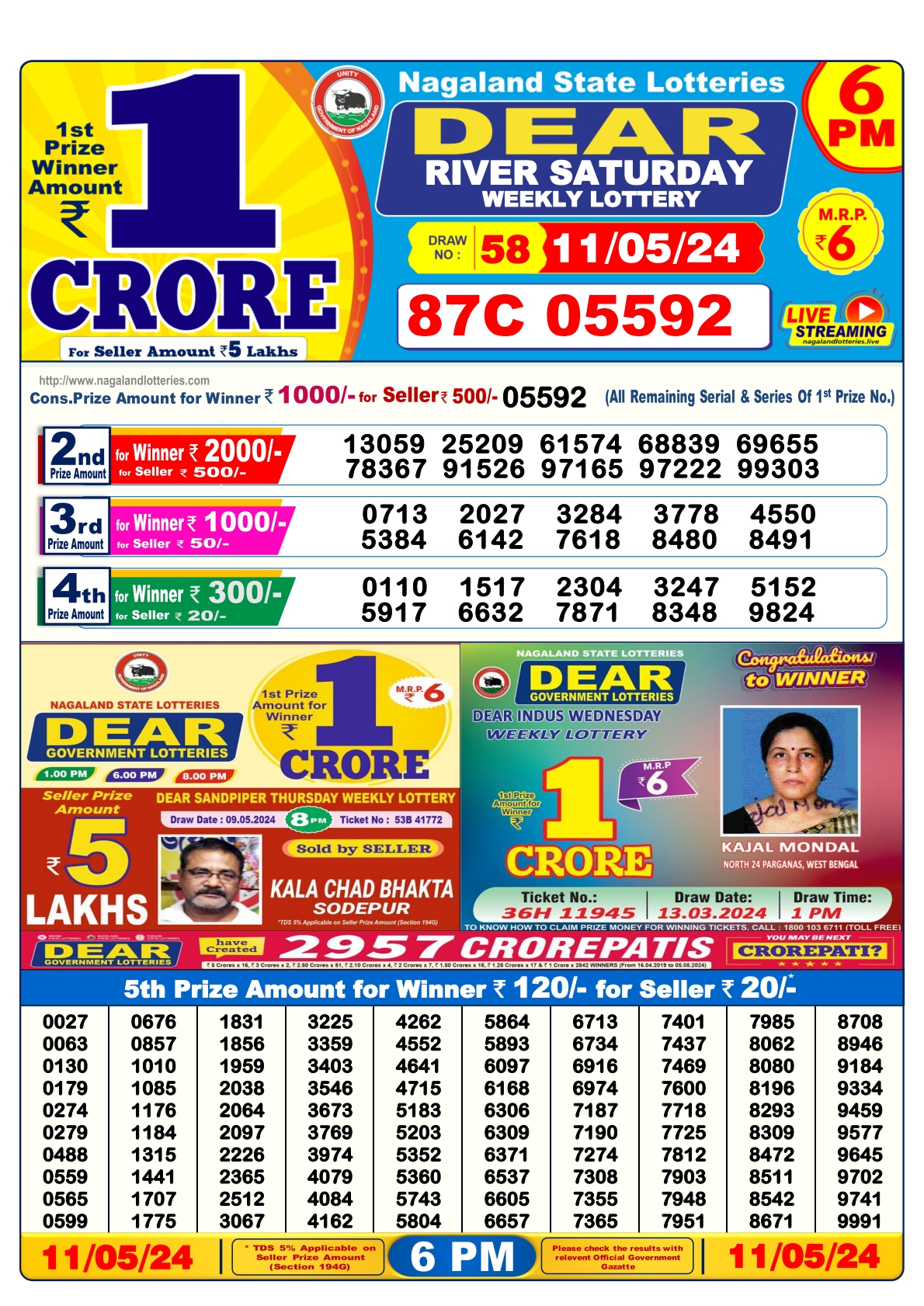 Dear lottery result 6pm result 11 May 24