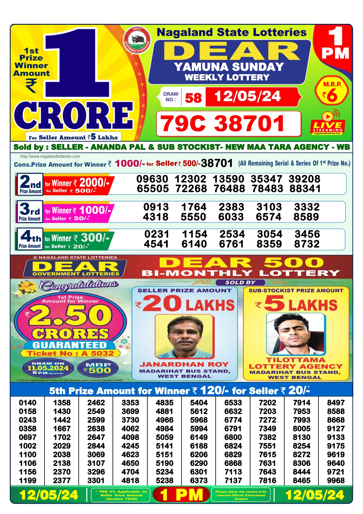 Dear Daily Lottery 1PM Result  12 May  24