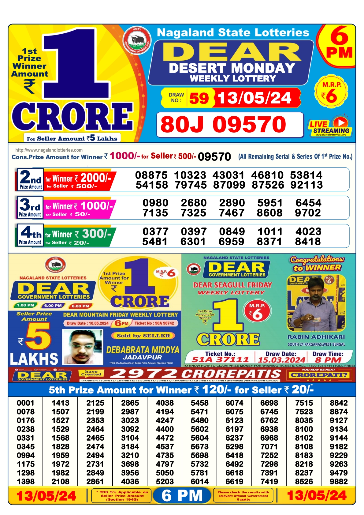 Dear lottery result 6pm result 13 May 24