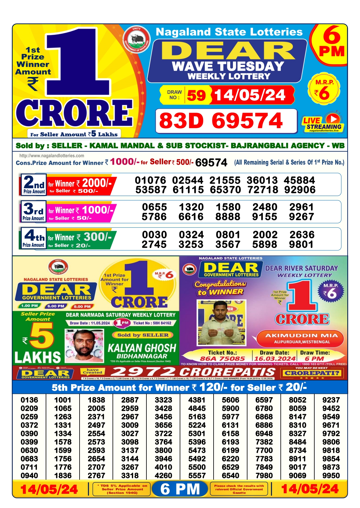 Dear lottery result 6pm result 14  May 24