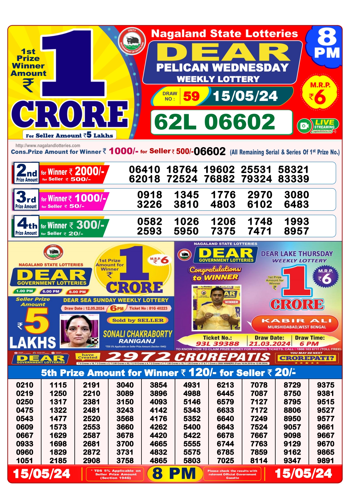 Dear Lottery Result 8PM 15/05/24