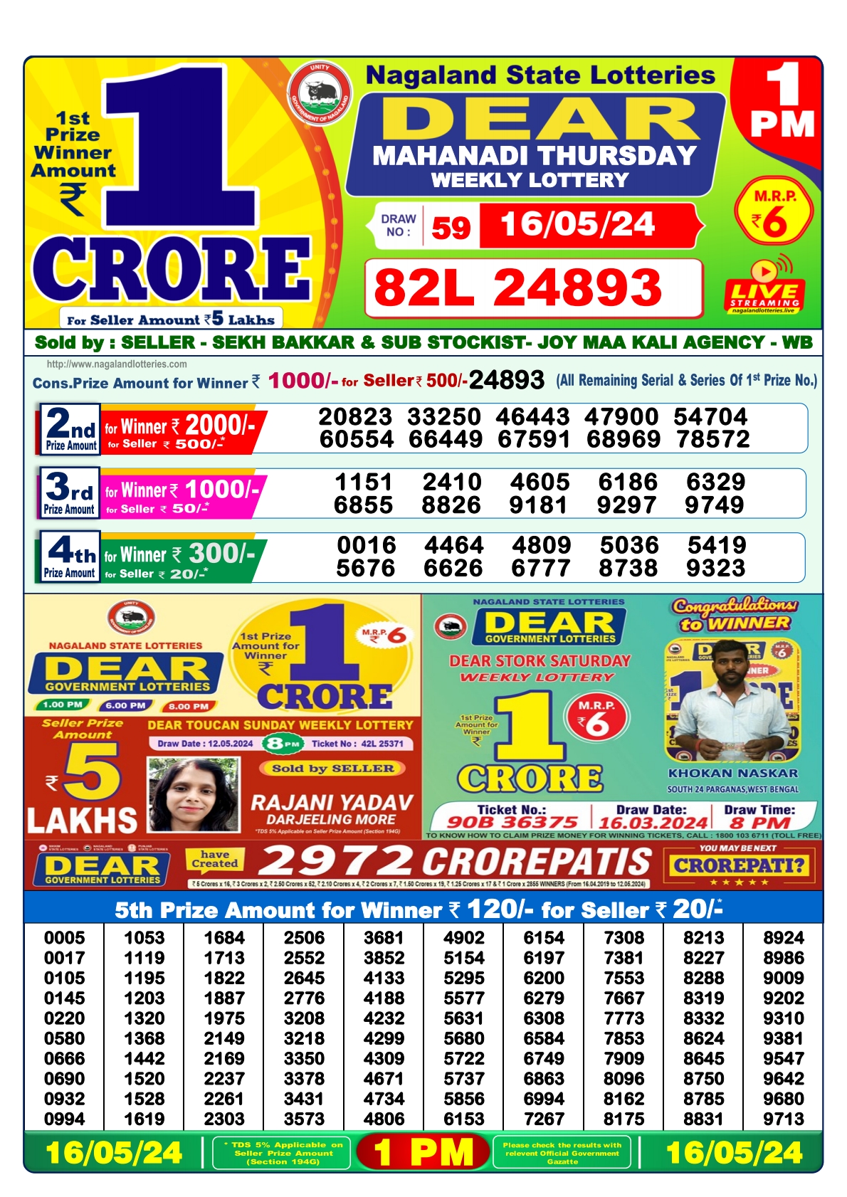 Dear Daily Lottery 1PM Result  16 May  24