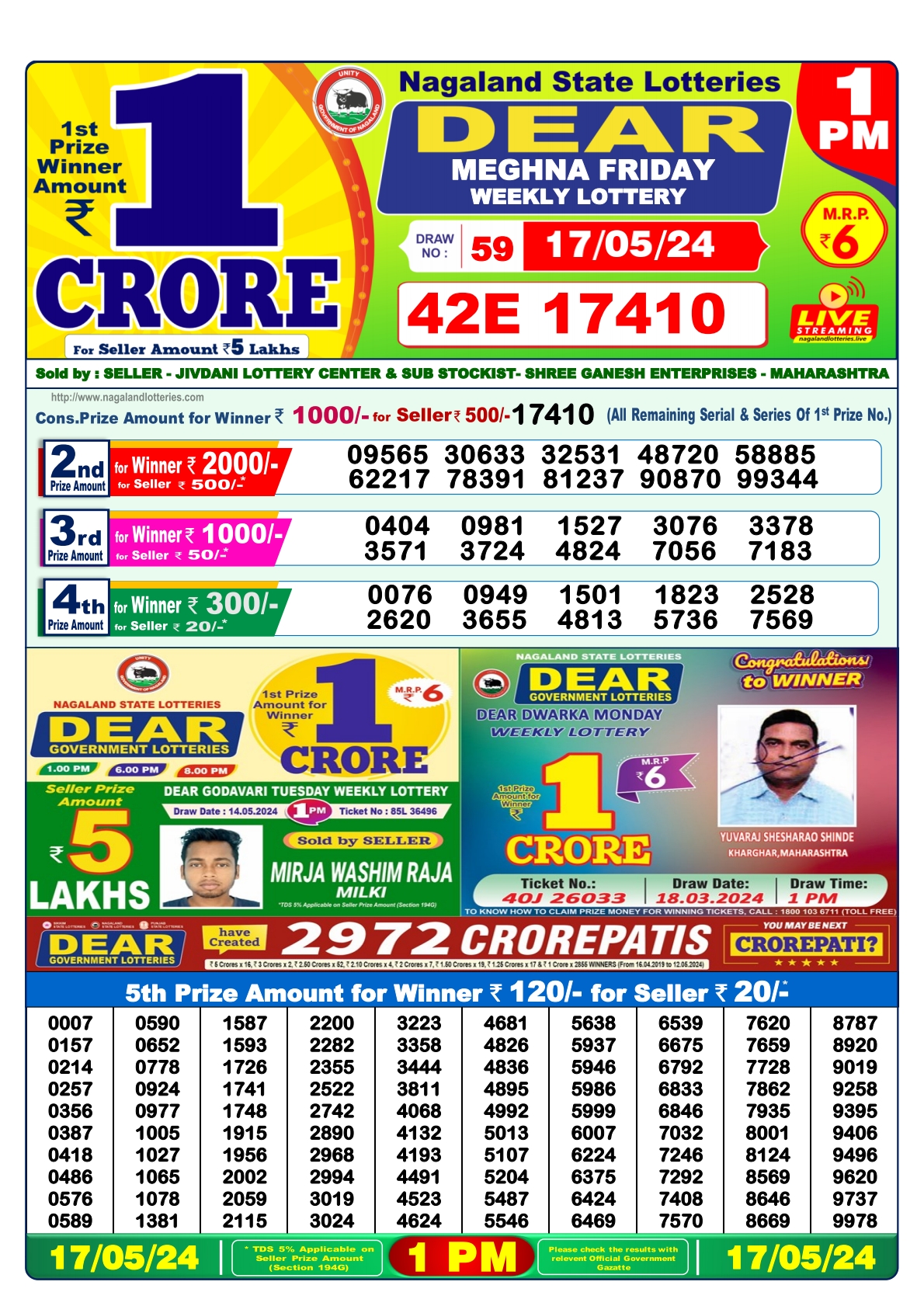 Dear Daily Lottery 1PM Result  17 May  24