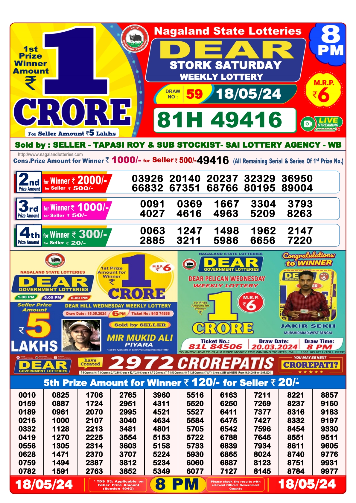 Dear Lottery Result 8PM 18/05/24