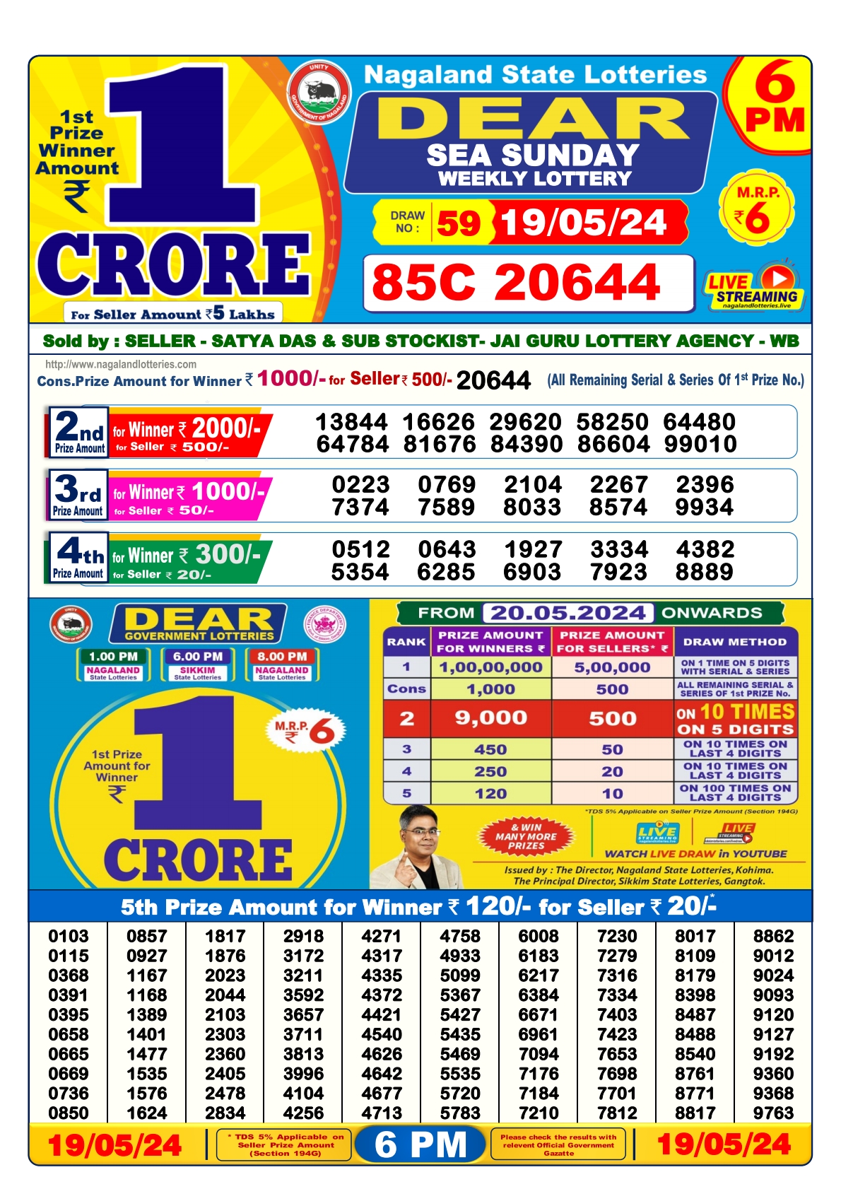 Dear lottery result 6pm result 19 May 24