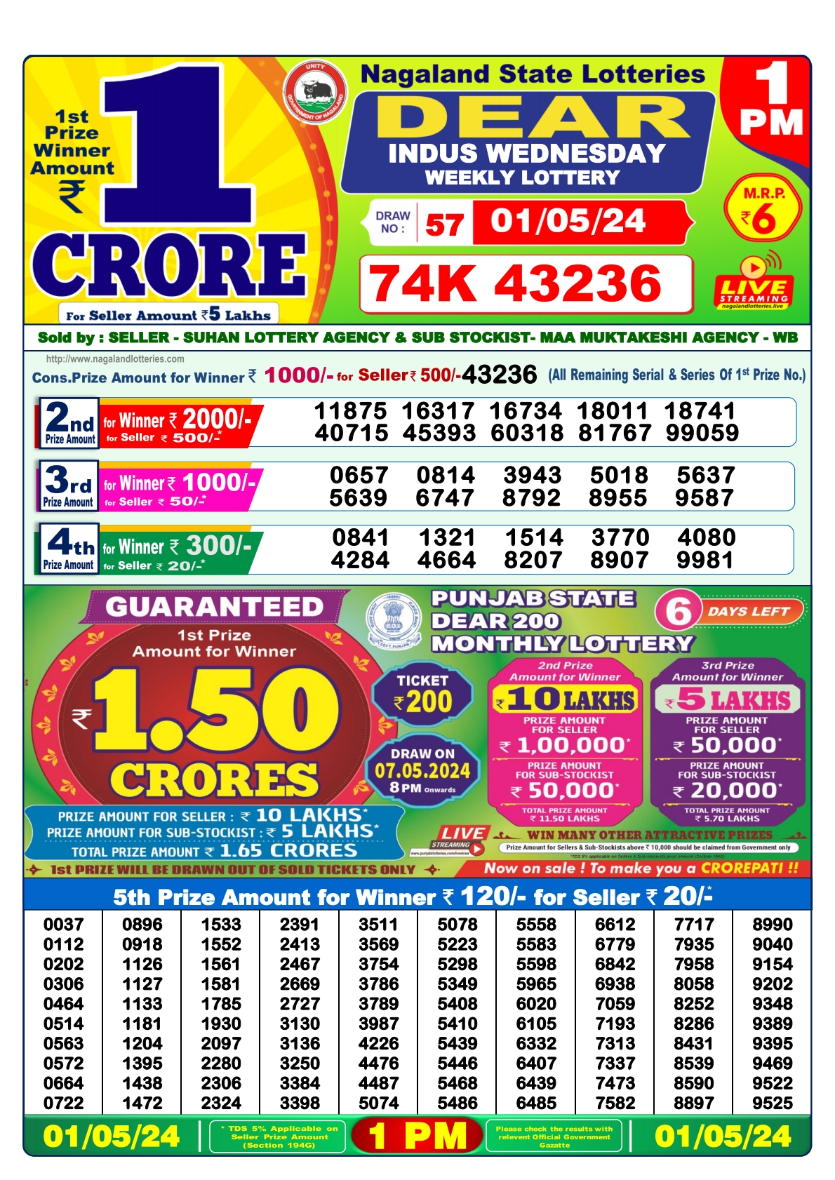 Dear Daily Lottery 1PM Result 1 May  24