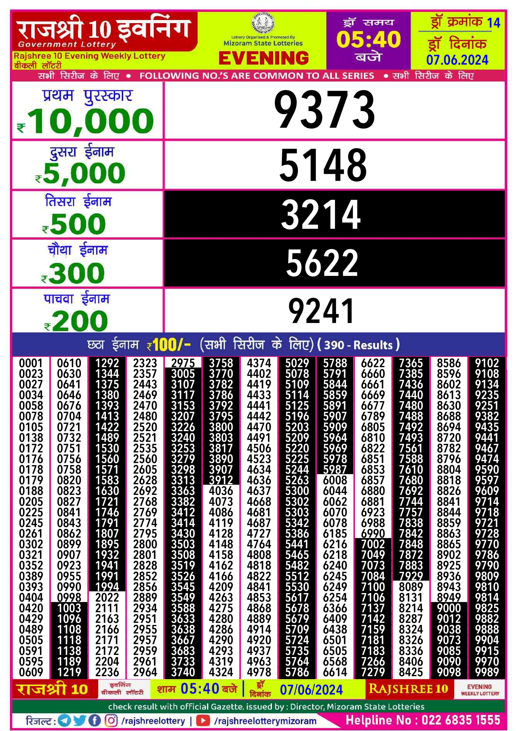 Rajshree10 Daily Lottery 5:40PM Result 7june 24