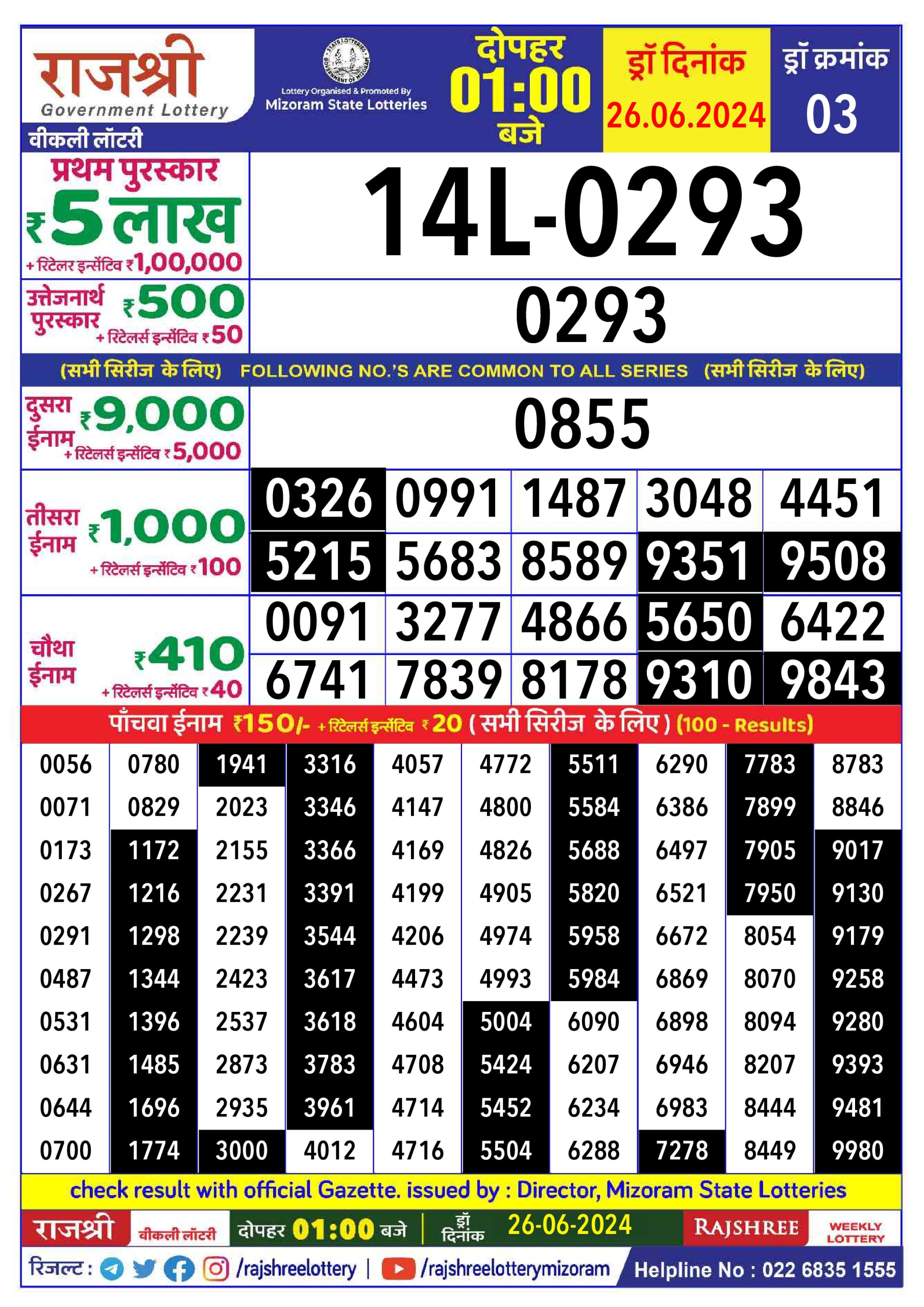 Rajshree  Daily Lottery 1PM Result 26june 24